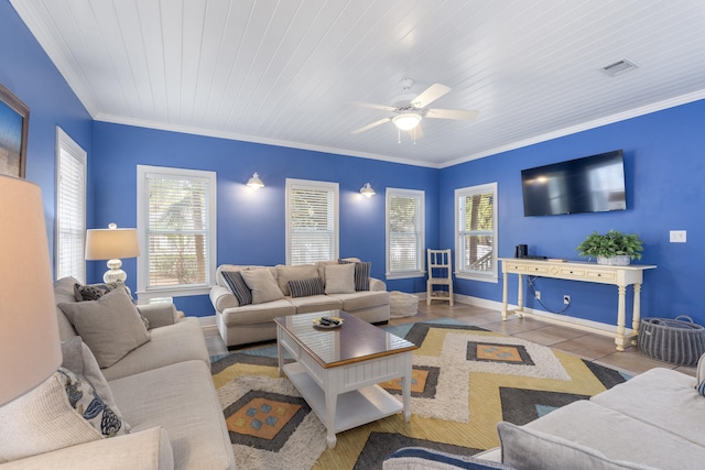 tiled living room with ceiling fan, plenty of natural light, and wooden ceiling