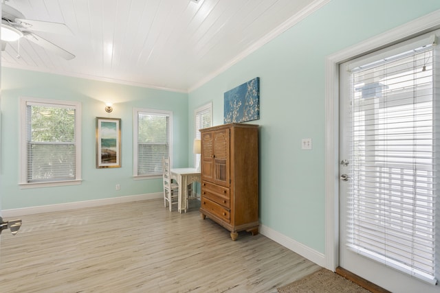 195 Emerald Dunes Cir, Santa Rosa Beach, FL 32459 - living area with a ceiling fan, light wood finished floors, ornamental molding, and wooden ceiling