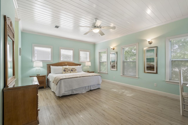 195 Emerald Dunes Cir, Santa Rosa Beach, FL 32459 - bedroom with crown molding, light wood-type flooring, wood ceiling, and a ceiling fan