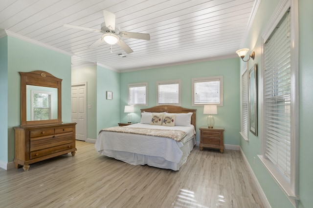 bedroom with wood ceiling, ornamental molding, ceiling fan, and light hardwood / wood-style floors