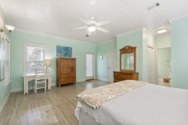 bedroom with light hardwood / wood-style floors, ceiling fan, ornamental molding, and ensuite bathroom