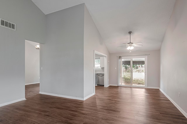 unfurnished living room featuring dark hardwood / wood-style flooring, lofted ceiling, and ceiling fan