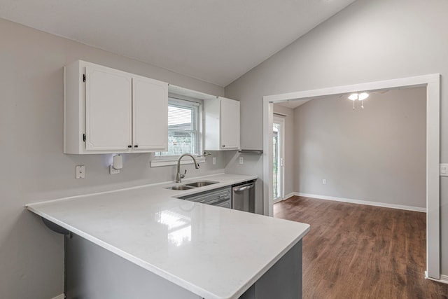 kitchen featuring white cabinets, kitchen peninsula, sink, and vaulted ceiling