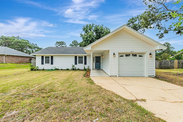 single story home with concrete driveway, an attached garage, and a shingled roof
