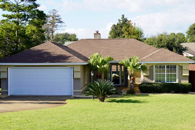 ranch-style house featuring a garage and a front lawn