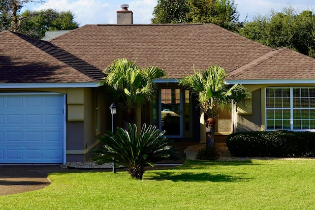 ranch-style home with a front lawn and a garage