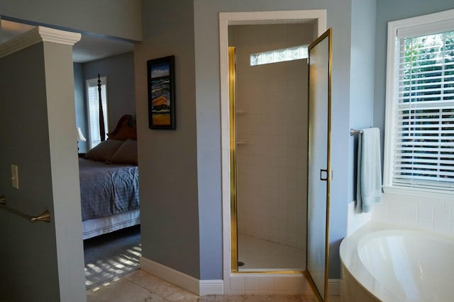 bathroom with tile patterned flooring and plus walk in shower