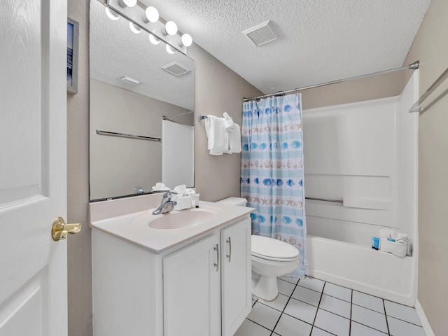 full bathroom with shower / bathtub combination with curtain, tile patterned flooring, a textured ceiling, toilet, and vanity