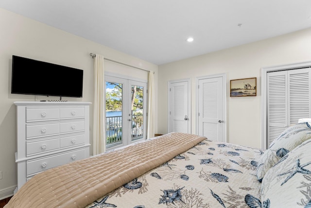 bedroom featuring multiple closets and access to exterior