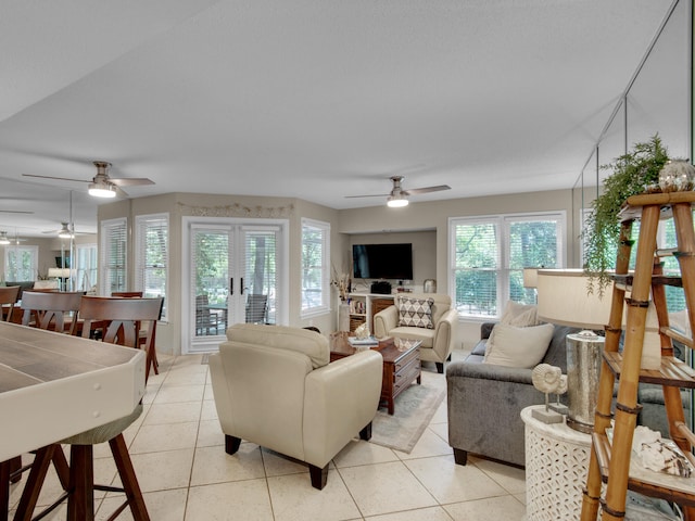 living room with light tile patterned flooring