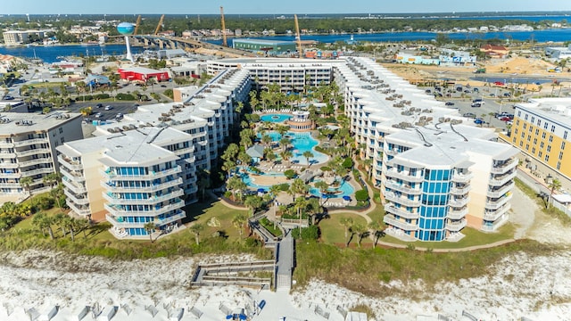 birds eye view of property featuring a water view