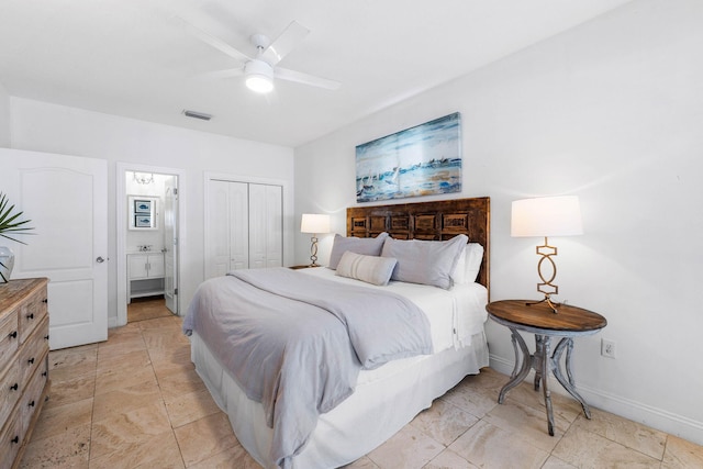 bedroom with ceiling fan, a closet, and ensuite bath