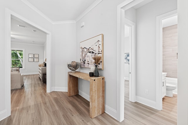 corridor featuring light wood-type flooring and crown molding