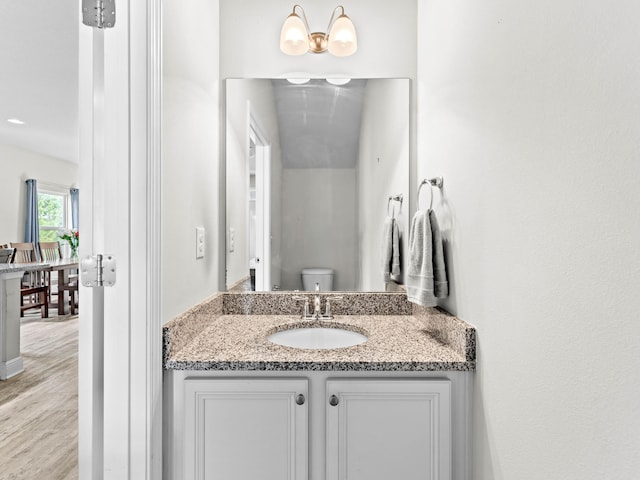 bathroom featuring hardwood / wood-style floors, vanity, and toilet