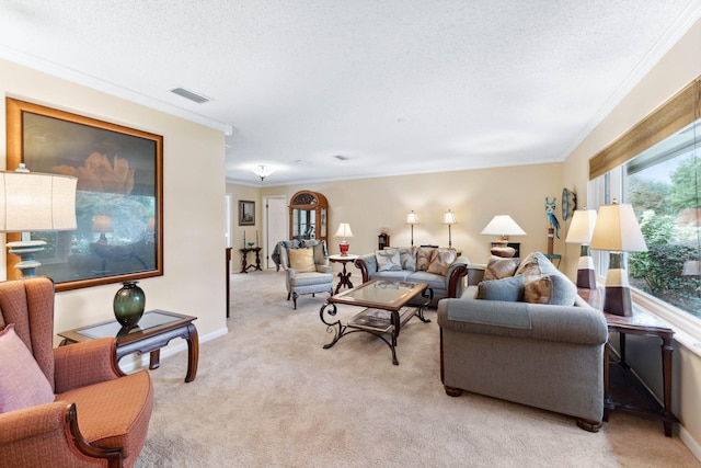 living room with a textured ceiling, ornamental molding, and light carpet