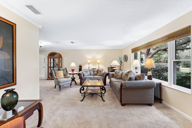 living room with light colored carpet and ornamental molding