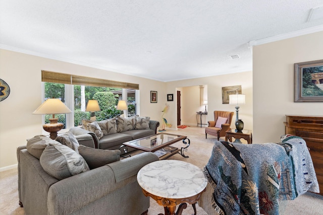 carpeted living room featuring ornamental molding and a textured ceiling