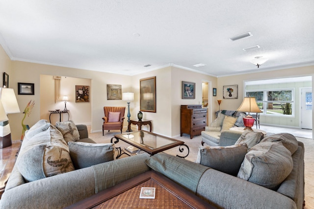 living room with a textured ceiling, ornamental molding, and light carpet