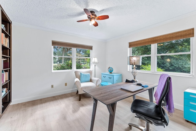 office space featuring ceiling fan, crown molding, a textured ceiling, and light hardwood / wood-style flooring