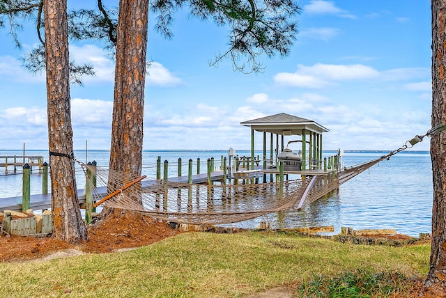 dock area featuring a water view and boat lift