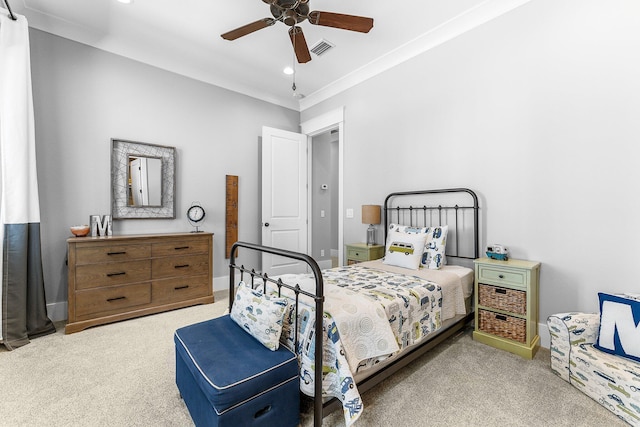 bedroom featuring carpet, visible vents, crown molding, and recessed lighting