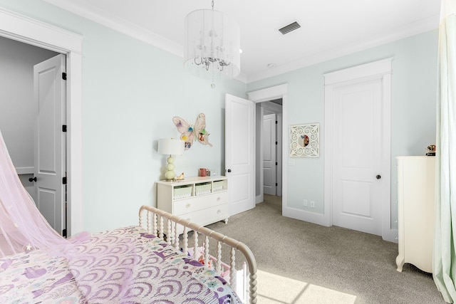 bedroom with carpet floors, crown molding, visible vents, and a notable chandelier