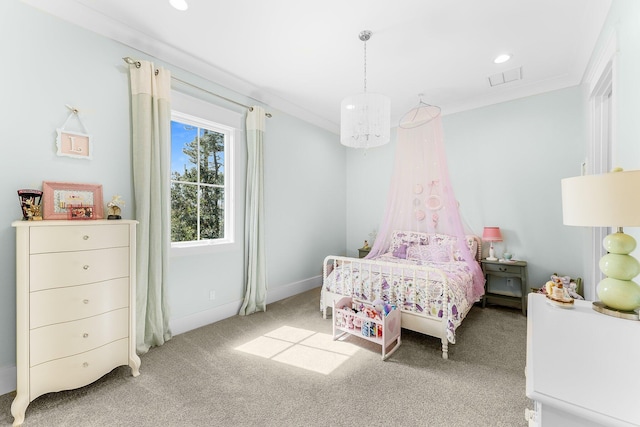 bedroom with recessed lighting, light colored carpet, visible vents, baseboards, and ornamental molding