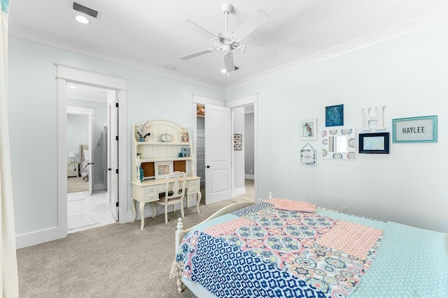 carpeted bedroom featuring crown molding, recessed lighting, visible vents, a ceiling fan, and baseboards