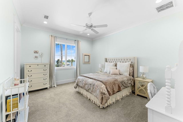 bedroom featuring light carpet, recessed lighting, visible vents, and crown molding