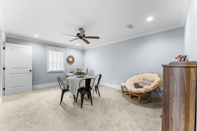 carpeted dining area featuring ornamental molding, recessed lighting, visible vents, and baseboards