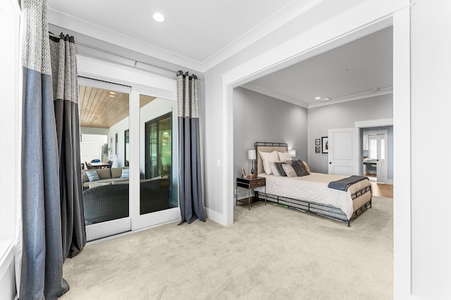 carpeted bedroom featuring baseboards, access to outside, ornamental molding, and recessed lighting