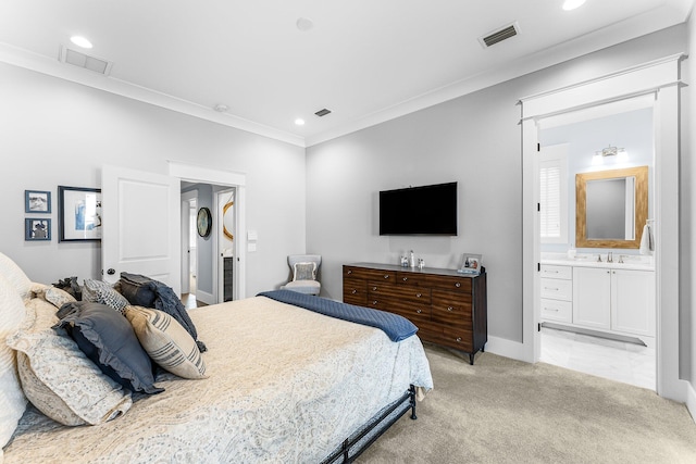 bedroom featuring light carpet, recessed lighting, visible vents, and ornamental molding