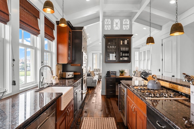 kitchen with a healthy amount of sunlight, pendant lighting, appliances with stainless steel finishes, and dark wood-type flooring