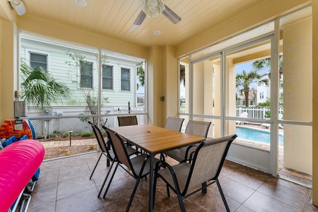 sunroom featuring ceiling fan and wooden ceiling