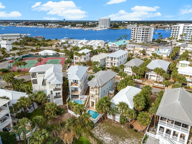 aerial view featuring a water view