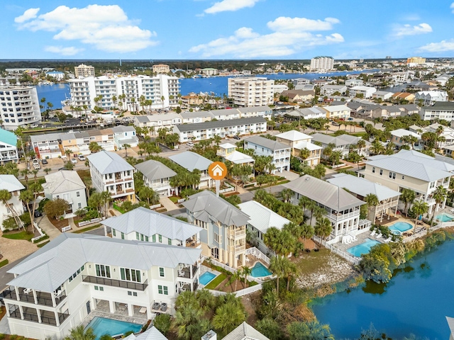 aerial view featuring a water view