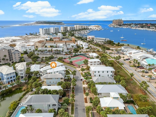 bird's eye view with a water view