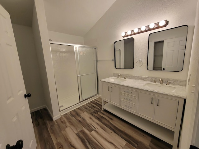 bathroom with hardwood / wood-style floors, vanity, and a shower with shower door