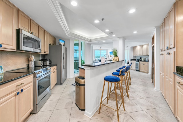 kitchen with appliances with stainless steel finishes, backsplash, a breakfast bar, a raised ceiling, and crown molding