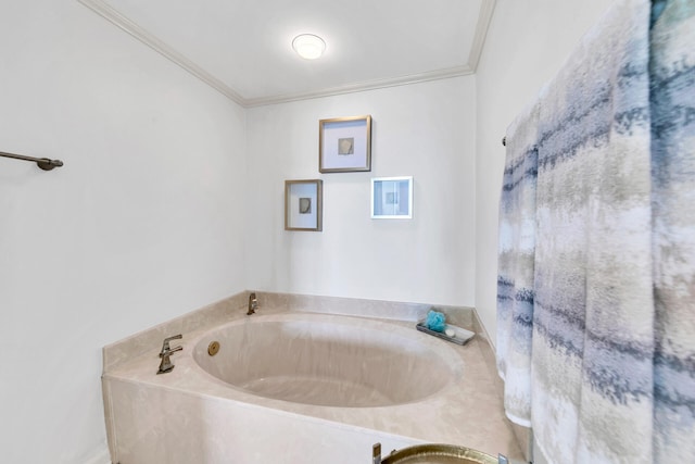 bathroom featuring crown molding and a washtub