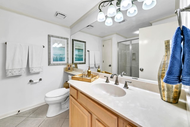 bathroom with ornamental molding, tile patterned floors, vanity, toilet, and a shower with shower door