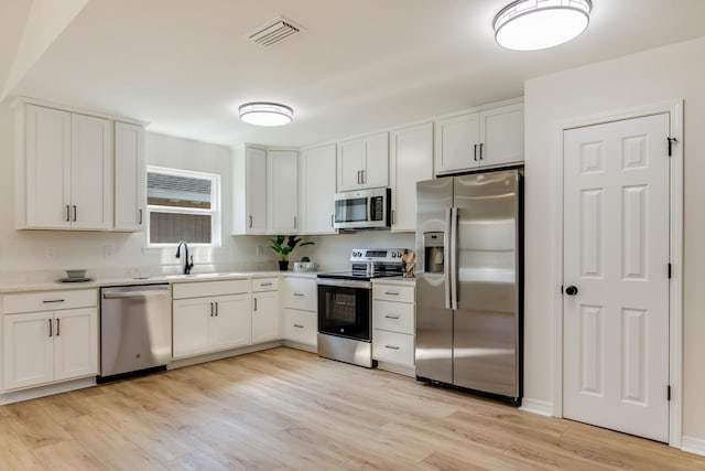 kitchen featuring white cabinetry, appliances with stainless steel finishes, sink, and light hardwood / wood-style floors