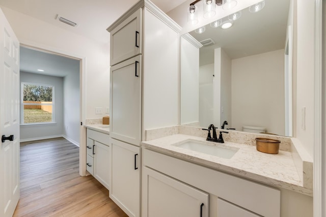 bathroom featuring vanity, hardwood / wood-style floors, and toilet