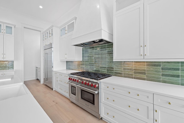 kitchen with high quality appliances, premium range hood, decorative backsplash, light wood-type flooring, and white cabinetry