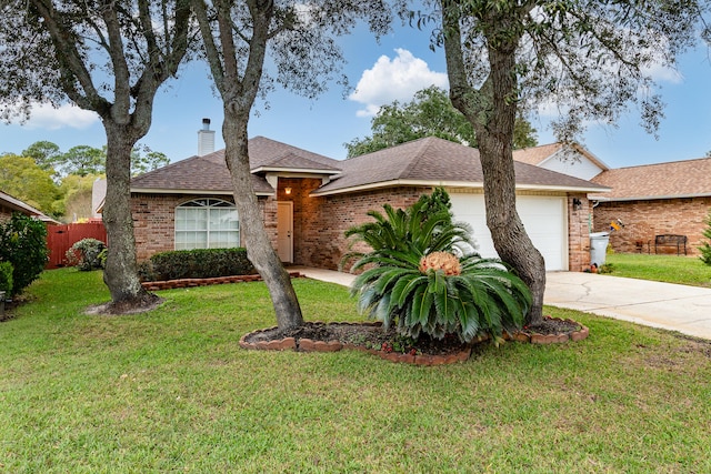 ranch-style house with a front lawn and a garage