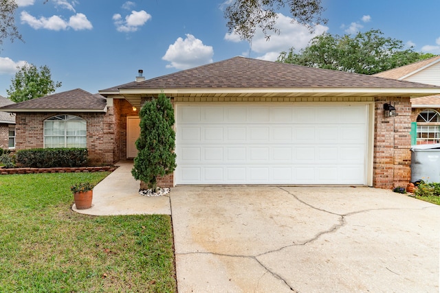 single story home with a front yard and a garage