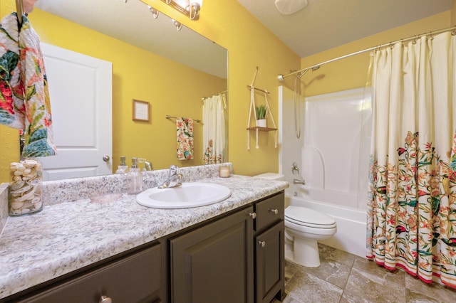 full bathroom with vanity, toilet, and shower / tub combo with curtain