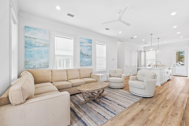 living room with ceiling fan, sink, light hardwood / wood-style floors, and crown molding