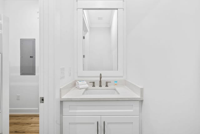 bathroom featuring electric panel, wood-type flooring, and vanity