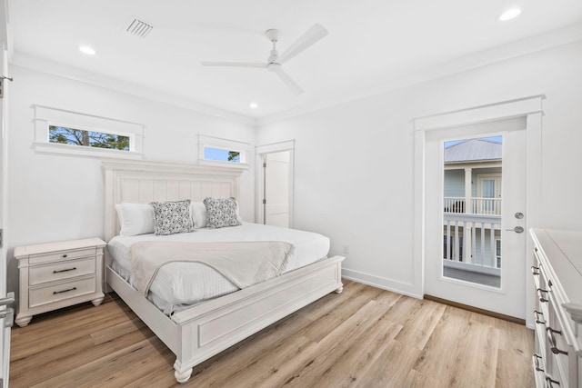 bedroom with ceiling fan, ornamental molding, light hardwood / wood-style flooring, and access to outside